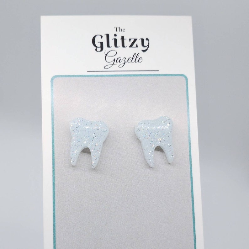 Molar Statement Studs Diamond Dust Sparkle Gifts for Dentist, Tooth Fairy Gifts, Teeth Studs, Teeth Earrings, Oral Hygienist image 2