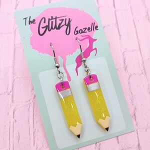 Pencil Dangles - Citrus Yellow Sparkle - Teacher Gifts, Back to School Gifts, Fun Earrings