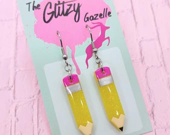 Pendientes colgantes con forma de lápiz - Amarillo cítrico brillante - Regalos para profesores, regalos de vuelta al cole, pendientes divertidos