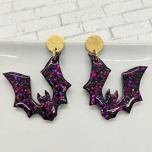 Bat Dangle Earrings Blackberry Glitter: Spooky Halloween Jewelry