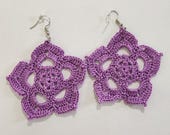 Large Purple Flower Crochet Statement Dangle Earrings