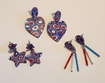 Patriotic Clay Dangle Earrings / USA Jewelry / Patriotic Jewelry / Gifts for Her / Dangle Earrings / Heart Earrings