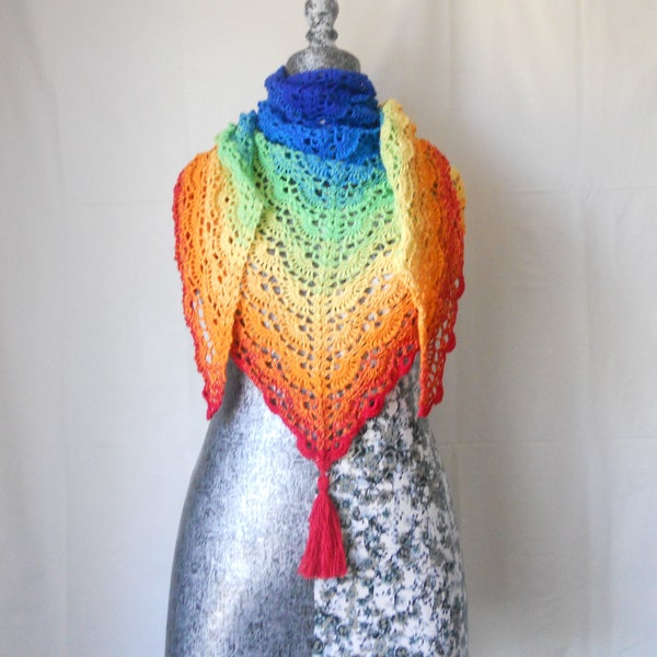 Hand-crocheted shawl like rainbow colored lace