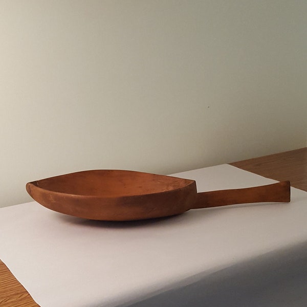 Leaf Shaped Hand Carved Wooden Bowl with Handle, Primitive Art