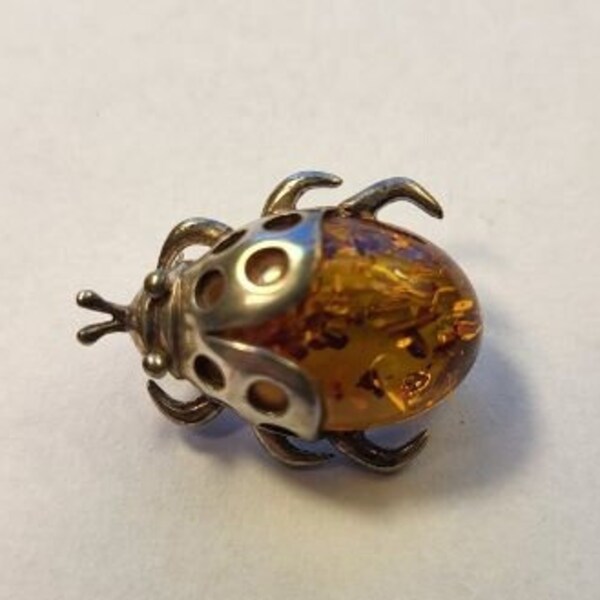 Baltic Amber and Sterling Silver Beetle Brooch