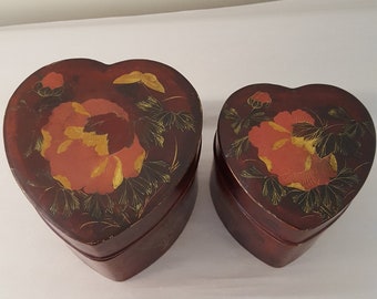 2 - Nesting Lacquer Heart Boxes, Home Decor, Cottage Decor