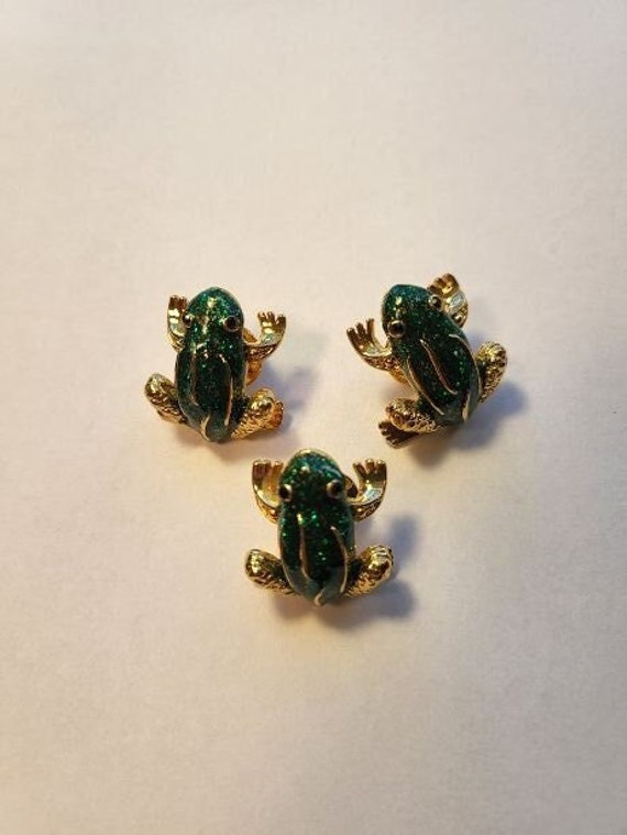 3-Small Frog Scatter Pins, Green Enamel and Gold T