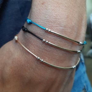 Woman valentine&#39;s day gift idea, Minimalist bracelet silver bar and cord for woman
