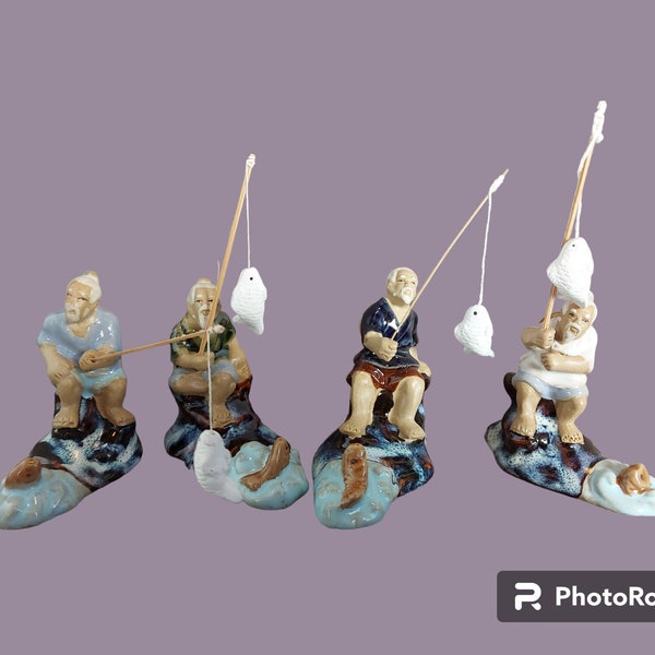 vintage chinois Shiwan Mudman Figurine Ensemble de 4 miniatures en céramique émaillée pêcheur chinois Statue Art Poterie Home Decor Cadeaux uniques