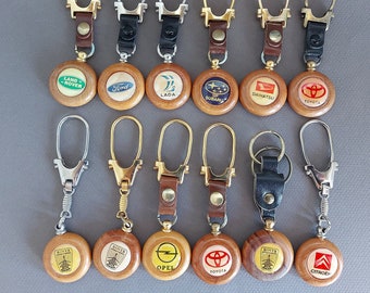 Vintage Keychain keyring Wood & Leather Gold / Silver Tone Metal key Holder Cars Logo Unique Gifts Nos