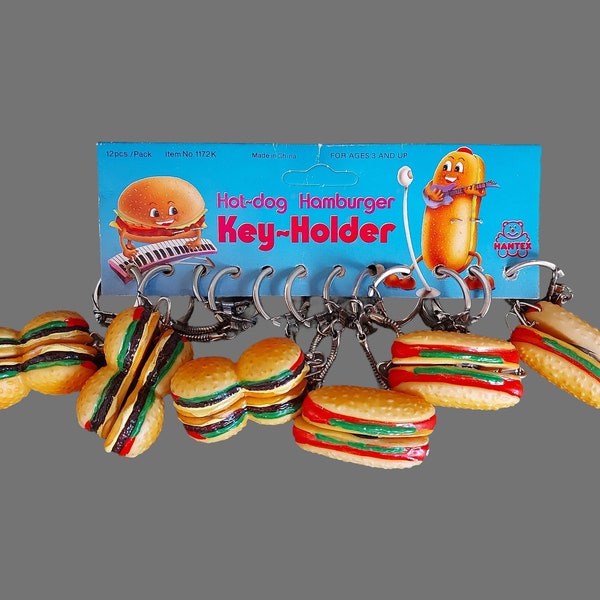 Neuheit Hamburger und Hotdog Schlüsselanhänger - Set mit 2 Fun Food Schlüsselanhängern - Fast Food Magnetischer Schlüsselanhänger - Einzigartiges Geschenk für Paare - Vintage Nos