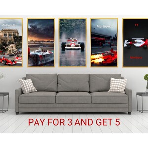 Juego de 5 pósteres de carreras de Marlboro de F1 - Láminas artísticas del Gran Premio de Mónaco - Decoración retro - Marlboro Fórmula 1 vintage - Fans de Ayrton Senna
