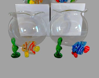 Colorful Glass Fish Set of 3 - Hand Blown Mini Tropical Fish Figurine, Plant & Tank - Ocean Life Decor - Retro Home Accent - Aquarium Decor