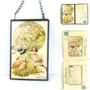 Set von 2 Metall Doppelglasrahmen mit antiken Postkarten - Osterthema - Vintage Wandkunstdekor - Einzigartiges Geschenk für das Zuhause - Keine Sammlerstücke