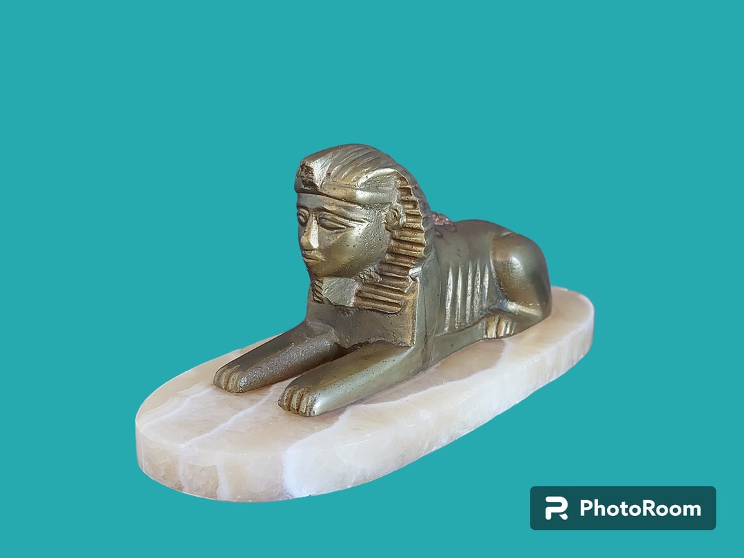 Brass Sphinx Statue on Marble Base Ancient Egyptian Sculpture Vintage
