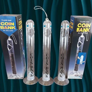 Set of 2 Vintage Crystal Clear Tube Piggy Bank - Adorable Bird Face Coin Bank - Kids Room Decor - Retro Home Accents - Unique Novelty Gifts