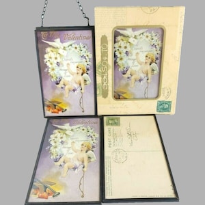 Metall Doppelglas Rahmen 2er Set mit Antiken Postkarten - To My Valentine Liebeswünsche - Wandbehang Rahmen - Einzigartiges Wohndekor
