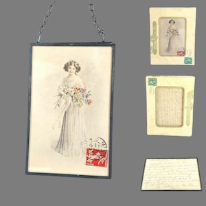 Lot de 2 cadres en métal avec double vitrage - oeuvre d'art encadrée vintage avec une femme élégante et des fleurs - cartes postales anciennes et cadeau déco de collection