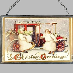 Lot de 2 cadres en métal avec double vitrage - Cartes postales anciennes de voeux de Noël - Décoration murale vintage - Accessoires de maison rétro - Cadeaux de Noël