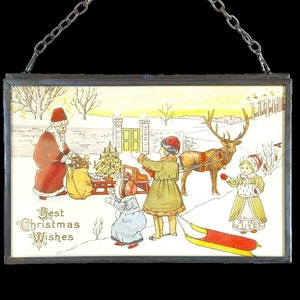 Metall Doppelglasrahmen 2er Set mit antiken Postkarten - Beste Weihnachtswünsche - Wandbehang Dekor - Vintage Rahmen für Zuhause und Geschenke