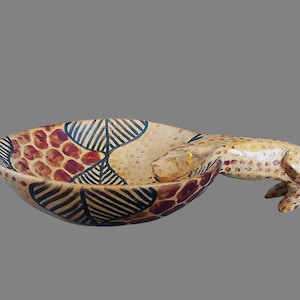 Bol en bois peint à la main avec poignée léopard - Art tribal africain - bol de fruits noix - décoration d&#39;intérieur vintage - cadeau unique - Design traditionnel