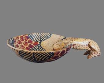 Hand Painted Wooden Bowl With Leopard Handle: African Tribal Art