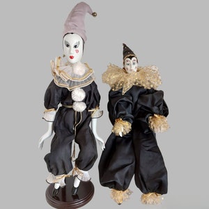 Vintage Harlequin Pierrot Porcelain Doll Set with Stand - Jester Clown Mime - Handmade Venetian Style Art - Mid Century Modern Home Decor