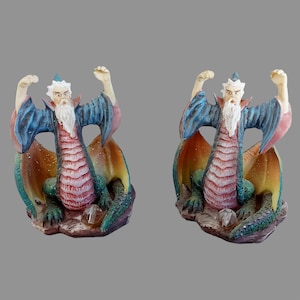 Vintage Merlin the Magician Dragon Wizard Figurine Set - 2 Hand Painted Resin Sculpture Ornament - Retro Home Decor and Collectible Gift