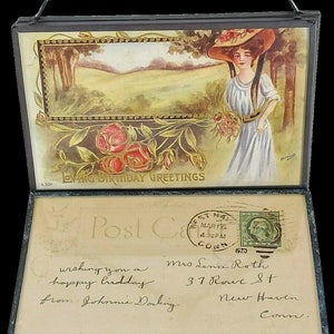 Lot de 2 cadres en métal avec double vitrage, cartes postales anciennes, voeux d'anniversaire, décoration d'intérieur, cadeaux uniques, tenture murale