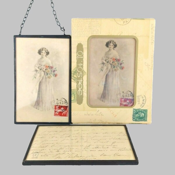 Lot de 2 cadres en métal avec double vitrage avec cartes postales anciennes - femme - cadre à accrocher au mur - décoration d'intérieur vintage - idéal cadeau