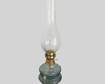 Retro Style Oil Lamp - Green Glass & Brass Burner - Antique Paraffin Lighting - Vintage Farm House Decor- Timeless Charm- Mid-Century Modern