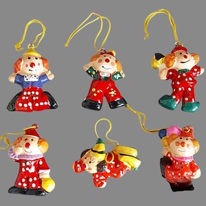 Vintage Paper Mache Clown Set - 6 Hand Painted Ornaments - Christmas Tree Decorarion - Retro Home Decor - Collectible Hanging Figurines