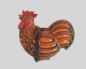 Cast Iron Rooster Candle Holder: Rustic Farmhouse Decor with Orange Glass