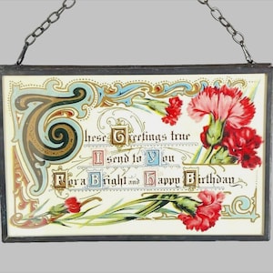 Ensemble de 2 cadres en verre double en métal - oeuvre d'art encadrée vintage avec des voeux de joyeux anniversaire - cadeau de décoration murale d'art antique - objet de collection postal