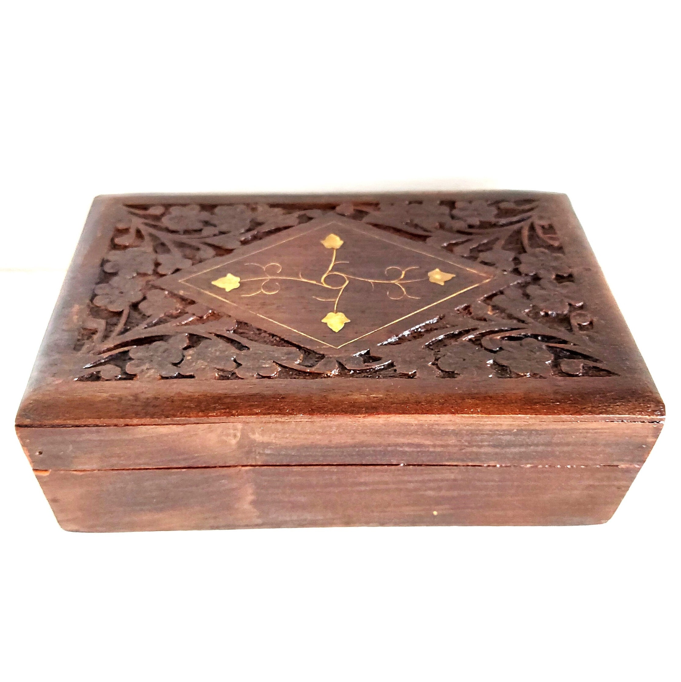 Caja de joyería de baratija de madera tallada a mano Vintage con  incrustaciones de latón decoración Floral para el hogar regalos únicos  coleccionables -  México