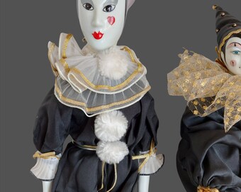 Vintage Harlequin Pierrot Porcelain Doll Set: Handmade Venetian