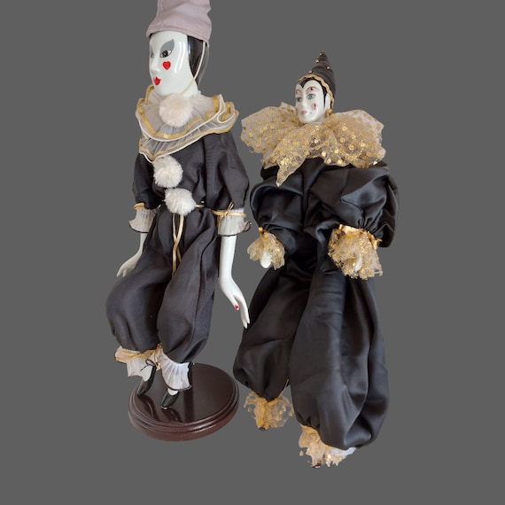 Vintage Harlequin Pierrot Porcelain Doll Set With Stand