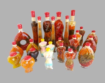 Decorative Vegetable & Fruit Bottles - Culinary Creations with Gourmet Elegance -Vintage Harvest Glass Bottles - Homegrown kitchen Decor
