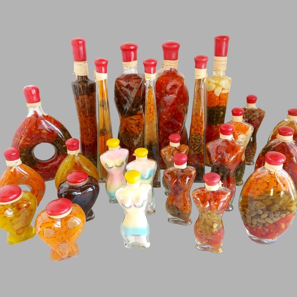 Bouteilles décoratives pour légumes et fruits - créations culinaires avec élégance gastronomique - bouteilles vintage en verre de récolte - décoration de cuisine faite maison