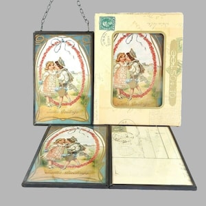 Metall Doppelglas Rahmen 2er Set mit Antiken Postkarten - Ostergrüße - Wandbehang Rahmen - Vintage Wohnkultur - Geschenk Ideal