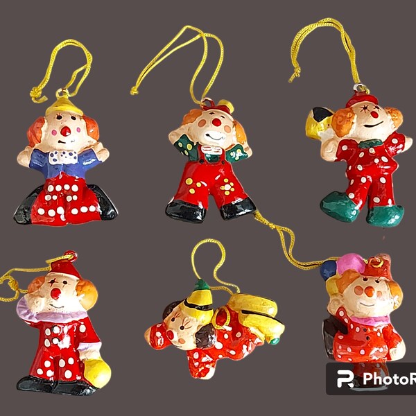 Lot de 6 décorations de Noël clowns en papier mâché vintage à suspendre