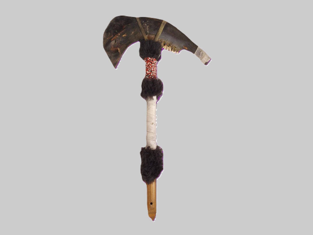 Vintage African Ceremonial Axe: Beaded Handle, Fur & Teeth - Wall Decor