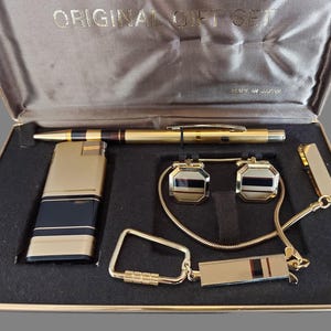 Vintage Himark Japan Gift Set - Gold and Black Lighter Pen Keychain Cufflinks and Tie Clip - Mens Retro Accessories in Hard Case - Gift Idea