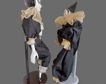 Vintage Harlequin Pierrot Porcelain Doll Set: Handmade
