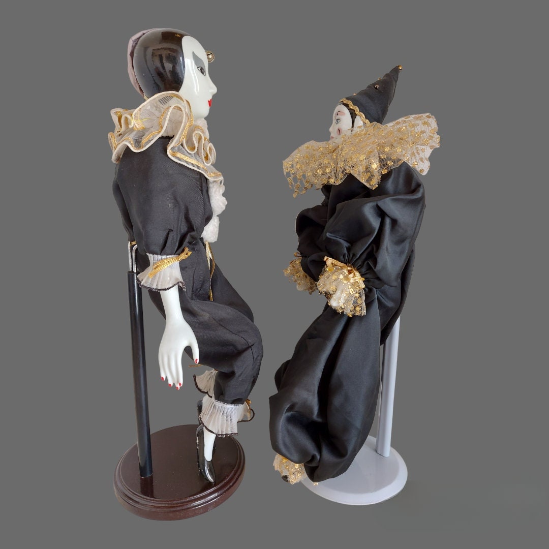Set Of 2 Vtg Pierrot Clown Black & White Ceramic Figurine