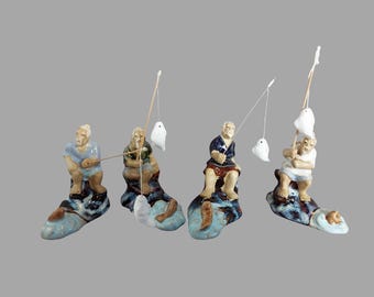 Chinese Shiwan Mudman Figurine Set - 4 Miniature Glazed Ceramic Fisherman Statues - Vintage Pottery Artwork - Retro Home Decor- Perfect Gift