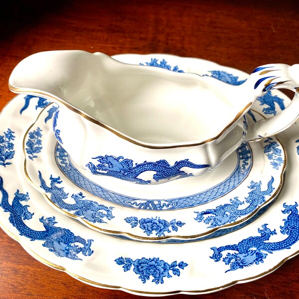 Delightful Booths China Dragon Blue Gravy Boat and Stand
