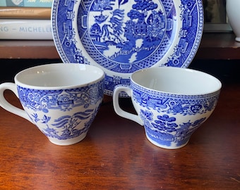 Darling Pair of Vintage Mismatched Woods Willow Teacups Transferware