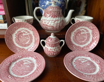 Stunning Vintage Old Castle Barratts of Staffordshire Tea Service for 2 Transferware