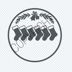 May include: A black and white illustration of five stockings hanging from a wreath with bells and greenery. The stockings are all the same size and shape, and they are hanging in a row.